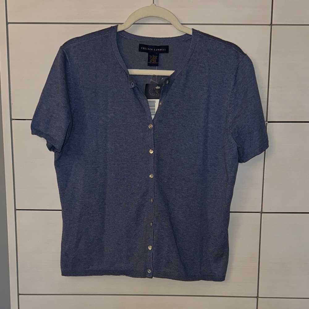 Chelsea Cambell Knit Button-Front Top | Size L | Blue Short Sleeve | NWT